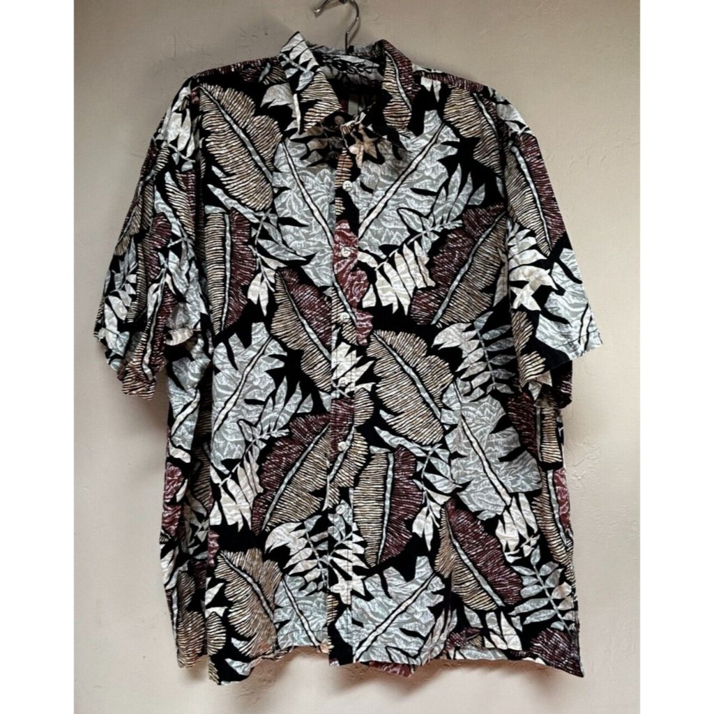 Tori Richard Men's Black With Leaves Print Hawaiian Button-Up Shirt 2xl